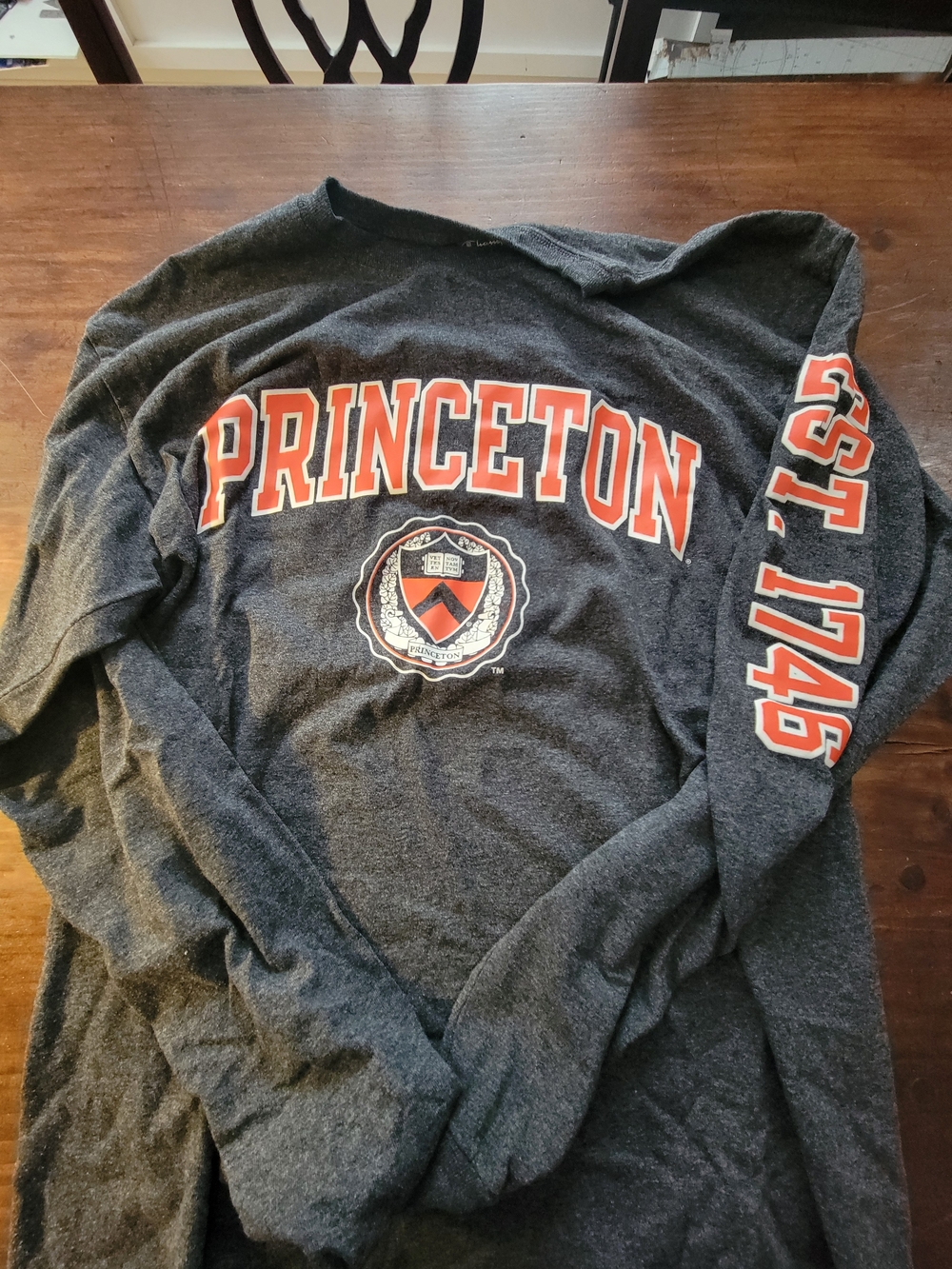 Champion Charcoal Crewneck Long T-shirt with Orange & White Varsity Print, M